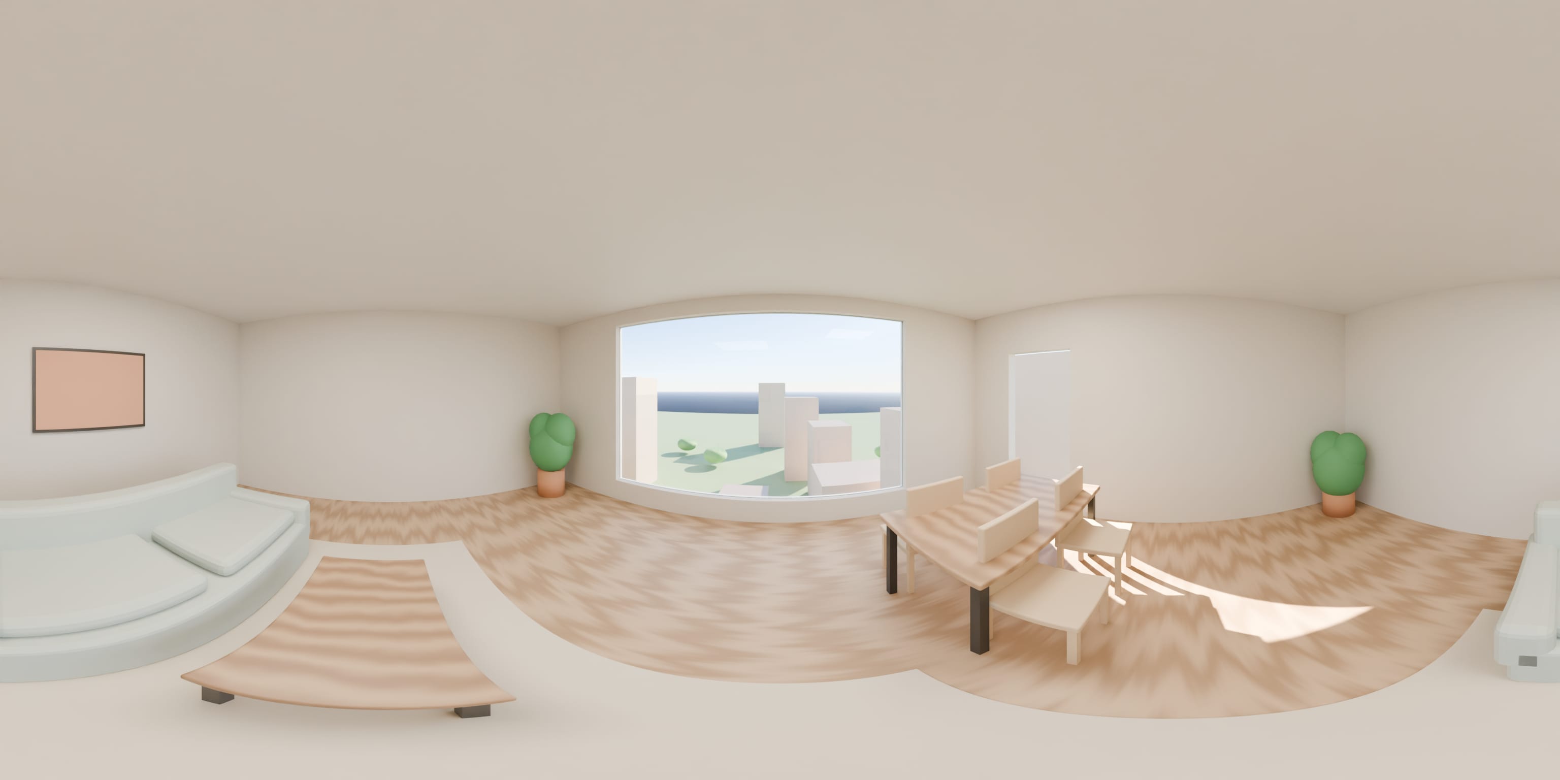 Vista 360 de Living y comedor, desplegada